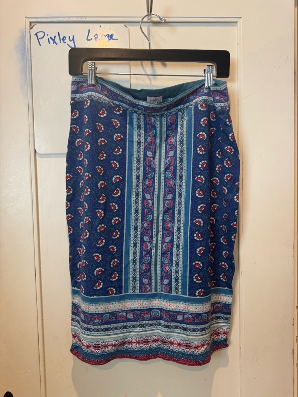 Pixley Blue Patterned Pencil Skirt with Pink Accents